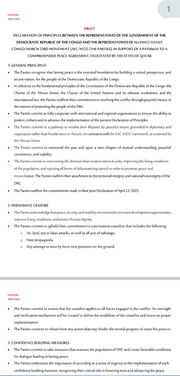 ChroniclesRW's tweet image. UPDATE: DRC and M23-AFC rebel have this Saturday signed a declaration of principles, and must work on final peace deal very soon. The final document signed today has yet to be released, but here is the draft that was finalized a few days ago.