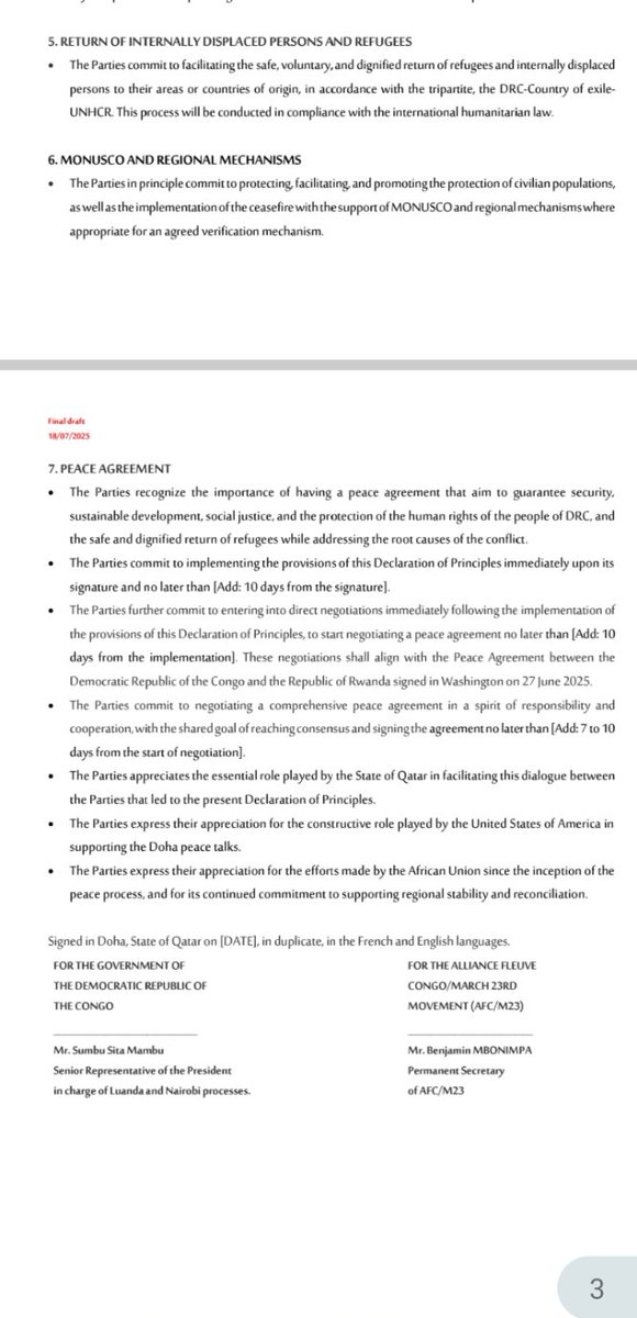 ChroniclesRW's tweet image. UPDATE: DRC and M23-AFC rebel have this Saturday signed a declaration of principles, and must work on final peace deal very soon. The final document signed today has yet to be released, but here is the draft that was finalized a few days ago.