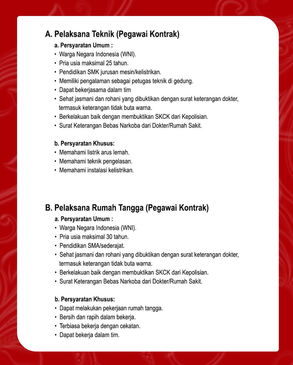 dondar_jakarta's tweet image. 📢 OPEN RECRUITMENT 📢

Kami membuka kesempatan untuk #SobatPMI yang ingin berkontribusi dan berkembang bersama kami.

✨ Posisi yang tersedia:
-. Pelaksana Teknik
-. Pelaksana Rumah Tangga
-. Pelaksana Tata Usaha
-. Teknisi Pelayanan Darah

📍 Lamaran dikirim ke :