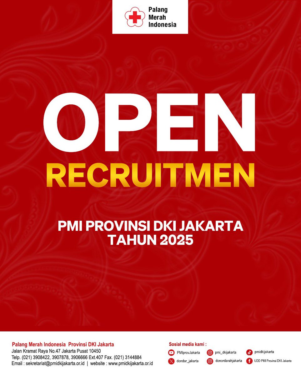 dondar_jakarta's tweet image. 📢 OPEN RECRUITMENT 📢

Kami membuka kesempatan untuk #SobatPMI yang ingin berkontribusi dan berkembang bersama kami.

✨ Posisi yang tersedia:
-. Pelaksana Teknik
-. Pelaksana Rumah Tangga
-. Pelaksana Tata Usaha
-. Teknisi Pelayanan Darah

📍 Lamaran dikirim ke :