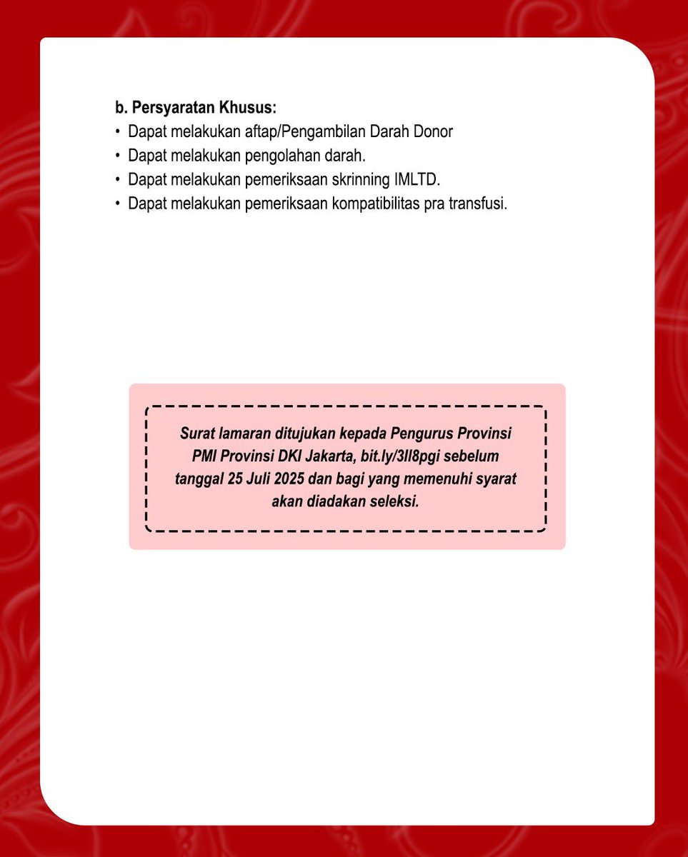 dondar_jakarta's tweet image. 📢 OPEN RECRUITMENT 📢

Kami membuka kesempatan untuk #SobatPMI yang ingin berkontribusi dan berkembang bersama kami.

✨ Posisi yang tersedia:
-. Pelaksana Teknik
-. Pelaksana Rumah Tangga
-. Pelaksana Tata Usaha
-. Teknisi Pelayanan Darah

📍 Lamaran dikirim ke :