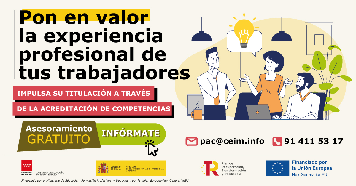 _CEIM_'s tweet image. 🏢 ¿Eres una empresa que busca impulsar el talento de tus trabajadores?
🎖️ Con el Programa de Competencias, pueden acreditar su experiencia profesional y obtener una titulación oficial.
📞 Si resides o trabajas en la Comunidad de #Madrid, te asesoramos ↪ceim.es/formacion/