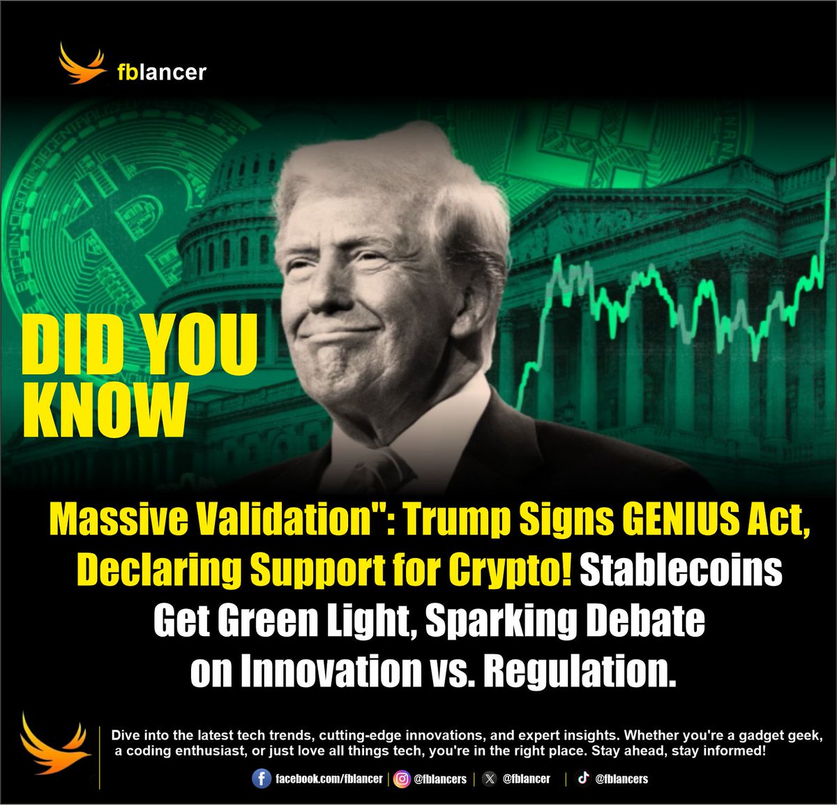 🎉 BREAKING NEWS FOR CRYPTO! 🎉
President Trump has officially signed the GENIUS Act into law, creating a new regulatory framework for #Stablecoins! This is a monumental step for the crypto industry, aiming to bring clarity, consumer protection, 
#CryptoNews #GENIUSAct #FinTech