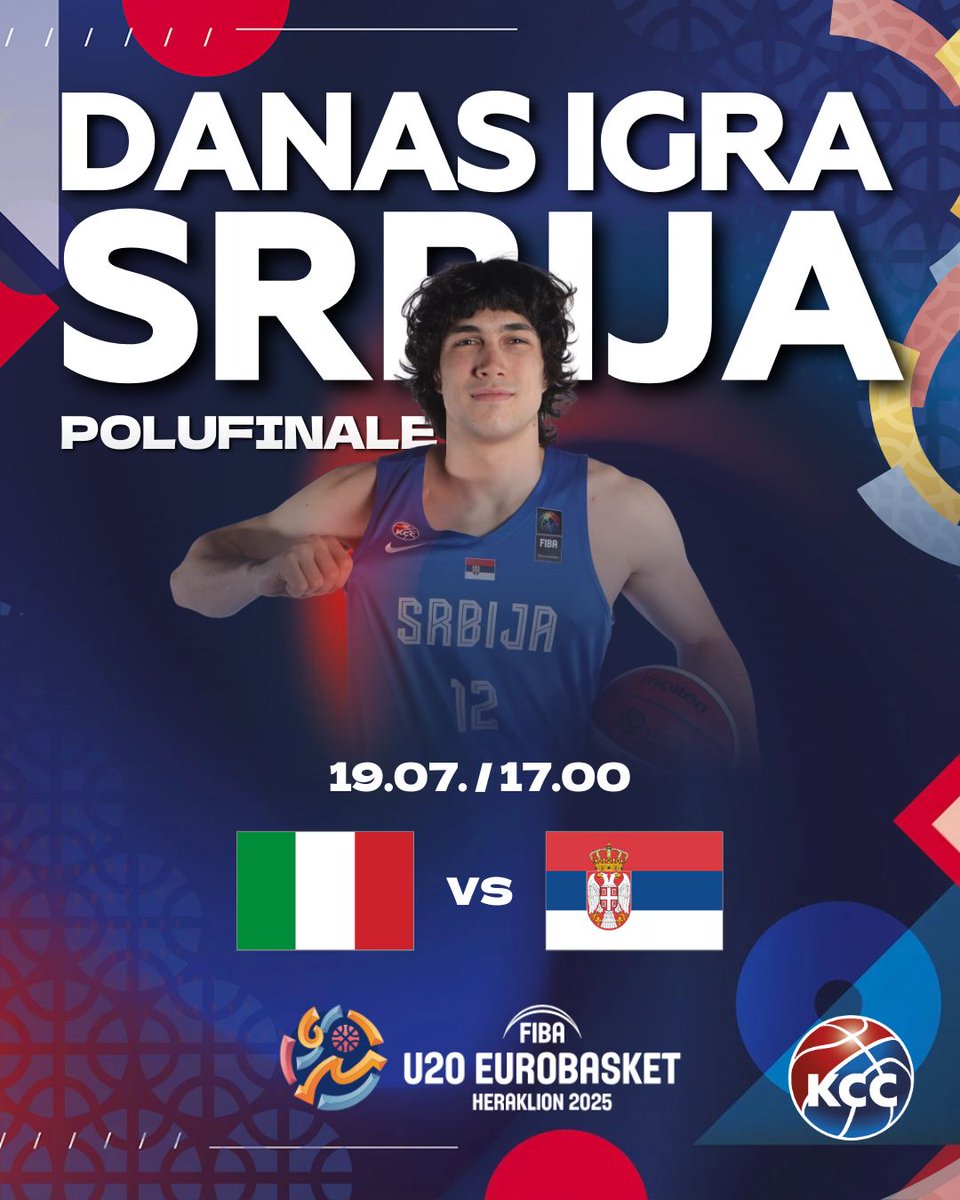 KSSrbije's tweet image. Vreme je za POLUFINALE! 🇷🇸🔥

Naša U20 reprezentacija Srbije danas od 17:00 igra polufinale Evropskog prvenstva protiv Italije u Iraklionu.

Pratite utakmicu uživo na FIBA YouTube kanalu i budite uz naše momke na ovom važnom putu!

Za koga? Za Srbiju! 💪🇷🇸