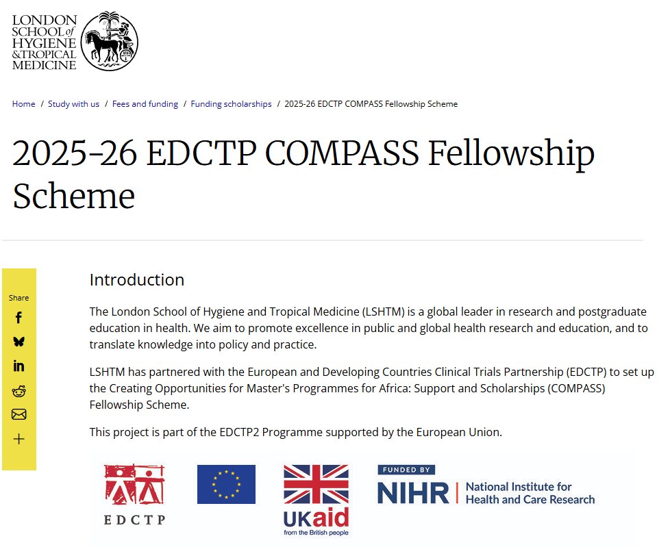 EDCTP3's tweet image. 🎓 Grow and learn first-hand with the 2025-26 @EDCTP COMPASS Fellowship Scheme
By the London School of Hygiene and Tropical Medicine, U. of London
🗓️ Deadline: 15 August 2025
Learn more: lshtm.ac.uk/study/fees-and…
#CapacityStrengthening