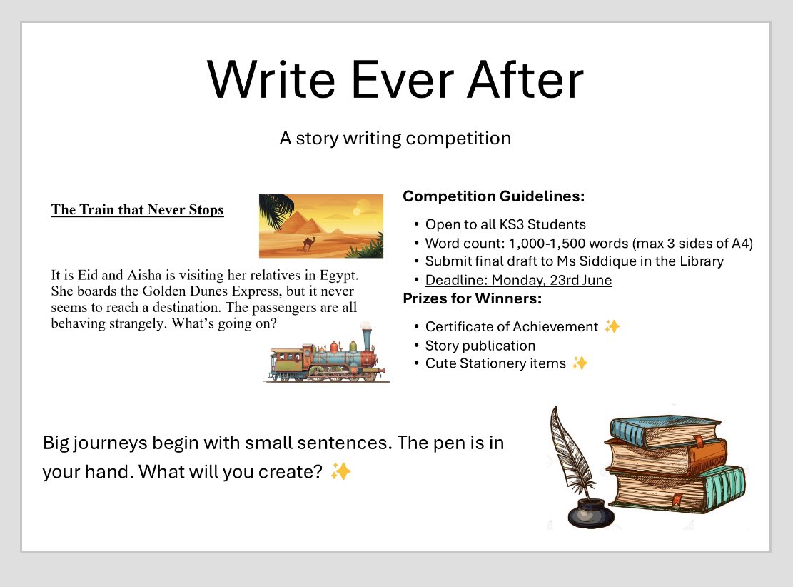 joyofteaching21's tweet image. That’s a wrap! ✨ A highlight this year was leading Write Ever After, a KS3 story competition. I ran an assembly + library workshops & crowned 3 winners 🎉
Ofsted (Mar 2024) said “reading’s improved but writing needs more focus” so this felt like a step in the right direction ☺️
