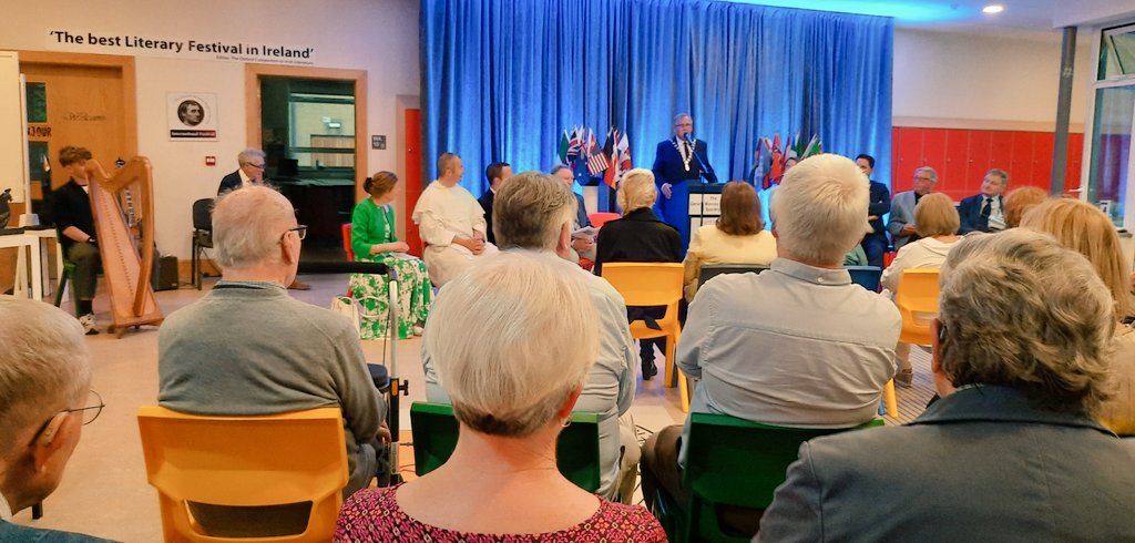 ColmKennyGreen's tweet image. @#GeraldManleyHopkins Literary Festival launch @NewCol_Official. From the Mayor's rendition of #Curragh of #Kildare to #AI's impact on poetry, a sombre note was struck by a print "The Most Moral Army in the 🌎" with a 🇮🇱 army grenade ring! #GazaFamine 🇵🇸 @k_nationalist @kfmradio