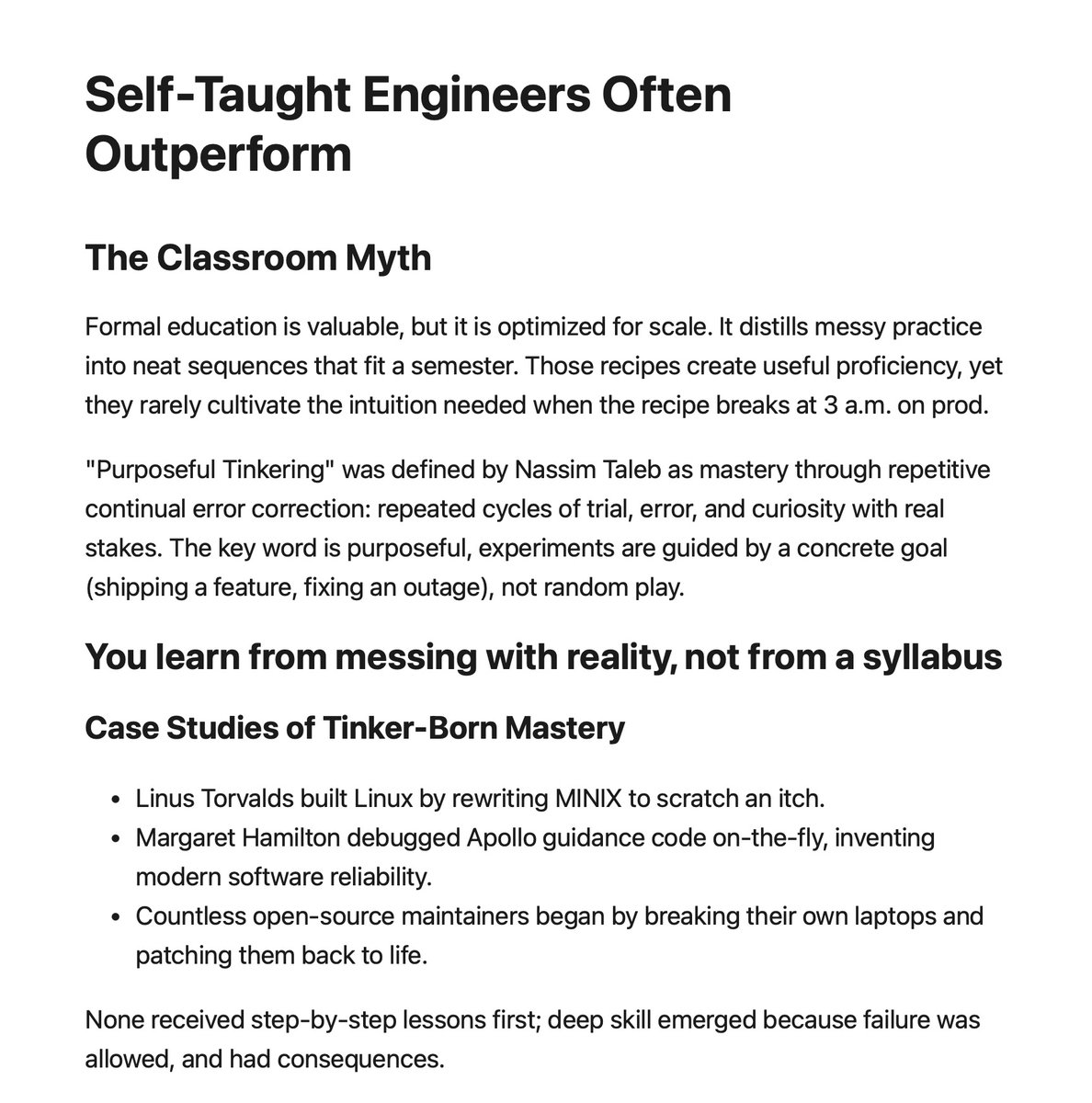 daniel_nguyenx's tweet image. Self-Taught Engineers Often Outperform
"The strongest engineers earn their scar tissue by shipping, breaking, and mending software in the wild.
Embrace purposeful tinkering, your future self will thank you."
michaelbastos.com/blog/why-self-…