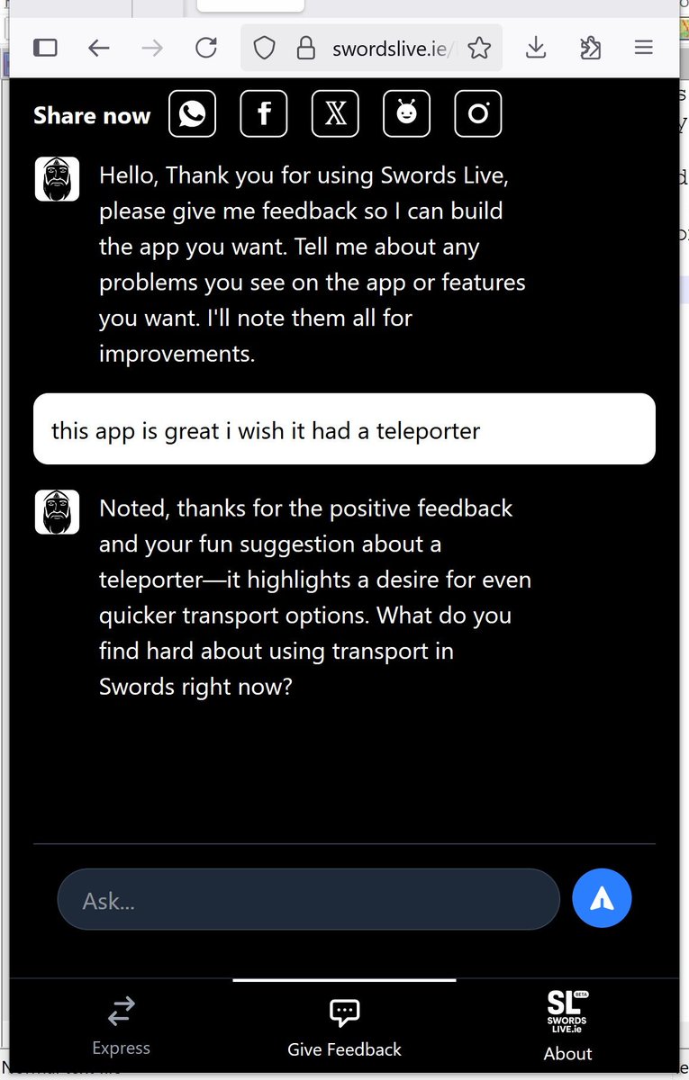 HowToCompanyXYZ's tweet image. Took a little tweaking to give Sord a personality but in the end building a Live Feedback agent was pretty straight forward. It uses @xai api and was built in @Replit
Sord is the assistant on swordslive.ie a community first Caas (City as a service) in Swords Co. Dublin…