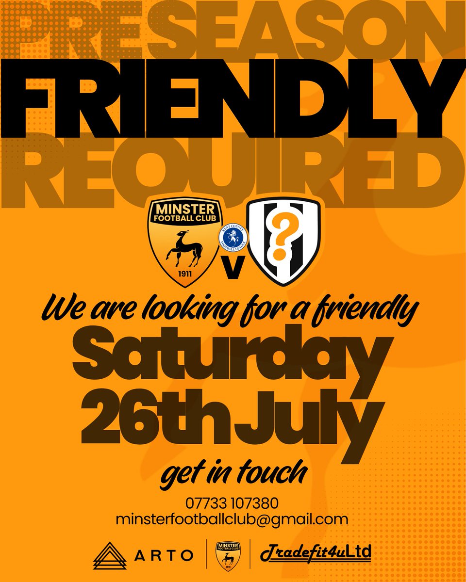 Minster FC (@minsterfc1911) on Twitter photo WE ARE LOOKING FOR A FRIENDLY NEXT WEEK.
Home or away - we have a pitch reservation ready to book.
Get in touch
07733 107380
minsterfootballclub@gmail.com
<a href="/KCFL1516/">Kent County FL News</a> WE ARE LOOKING FOR A FRIENDLY NEXT WEEK.
Home or away - we have a pitch reservation ready to book.
Get in touch
07733 107380
minsterfootballclub@gmail.com
<a href="/KCFL1516/">Kent County FL News</a>