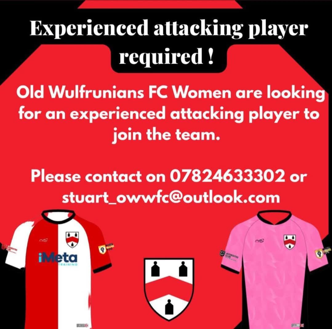 Old Wulfrunians JFC (@oldwulfsjfc) on Twitter photo Our Ladies open age team are looking for experienced attacking players
If you are interested please contact
Stuart 07824633302 or email stuart_owwfc@outlook.com
🔴⚪️🐺
#UpTheWulfs Our Ladies open age team are looking for experienced attacking players
If you are interested please contact
Stuart 07824633302 or email stuart_owwfc@outlook.com
🔴⚪️🐺
#UpTheWulfs