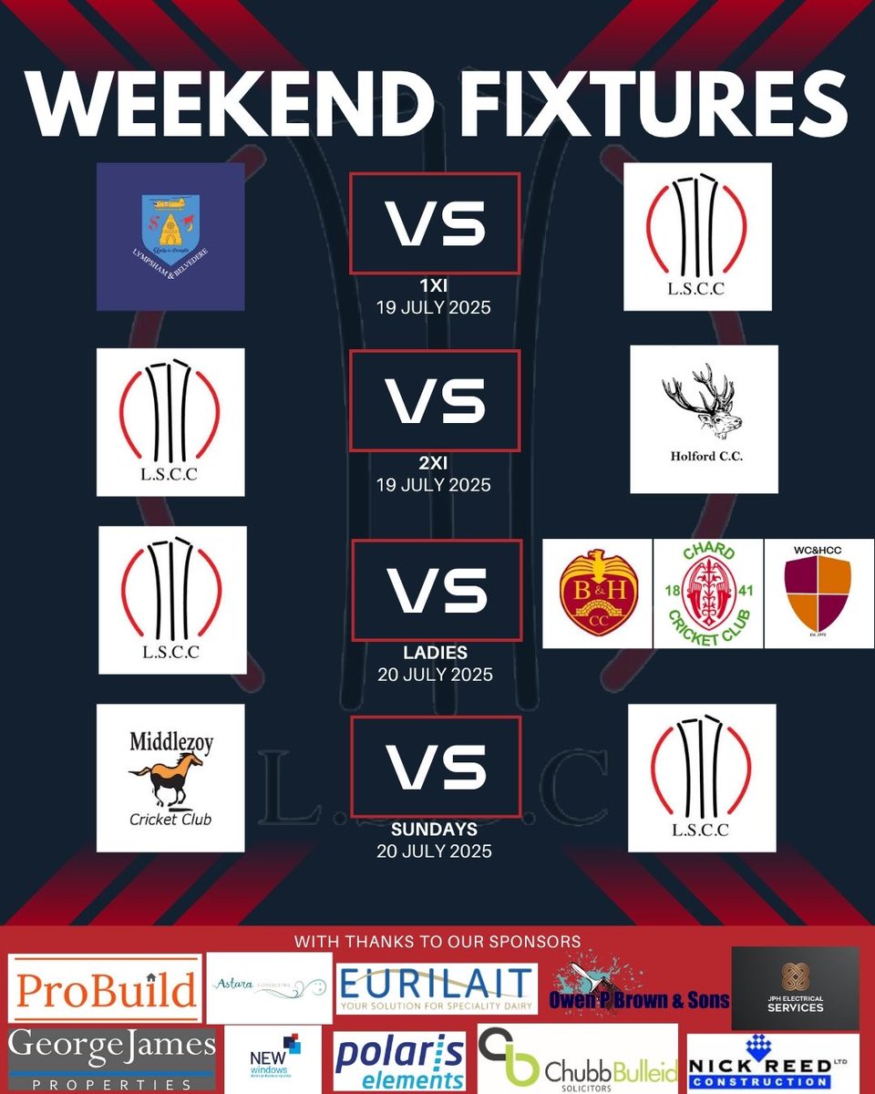 🚨Weekend Fixtures🚨
A busy weekend for LSCC with all senior teams in action, the ladies have a festival at home. Have a great weekend all!!!