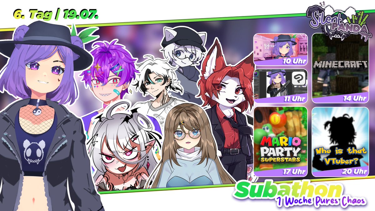 🔹 𝗦𝗨𝗕𝗔𝗧𝗛𝗢𝗡 𝗧𝗔𝗚 𝟲 🔹

🍳 10:00 – gemeinsames Frühstück / Ankommen
✏️ 11:00 – Draw VTubers in Other Styles
☕ 13:00 – Pause (1 Stunde)
🧱 14:00 – Einzelspieler Spiel: Minecraft
🎲 17:00 – Collab: Mario Party mit <a href="/Elia_ELTRX/">🇩🇪 ELiA</a>, @kayovt_ &amp;' @Zelu_VT 
🕵️ 20:00 – Who is that