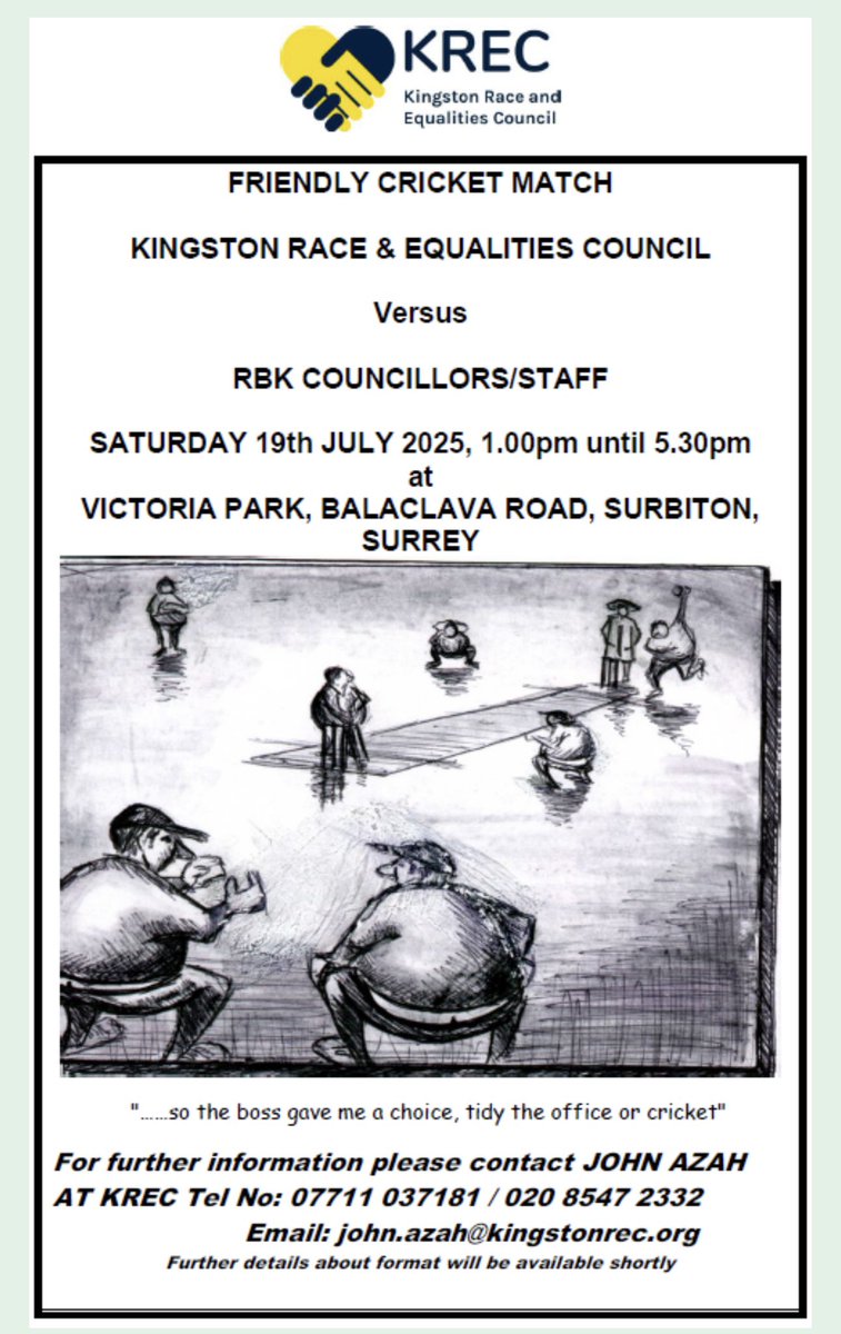 CRICKET CANCELLED!!!Unfortunately due to the persistent rain this morning which is forecast to continue all day <a href="/KingstonREC/">KingstonREC</a> has decided to CANCEL the cricket match with <a href="/RBKingston/">Kingston Council</a> Sincere apologies for any inconvenience caused