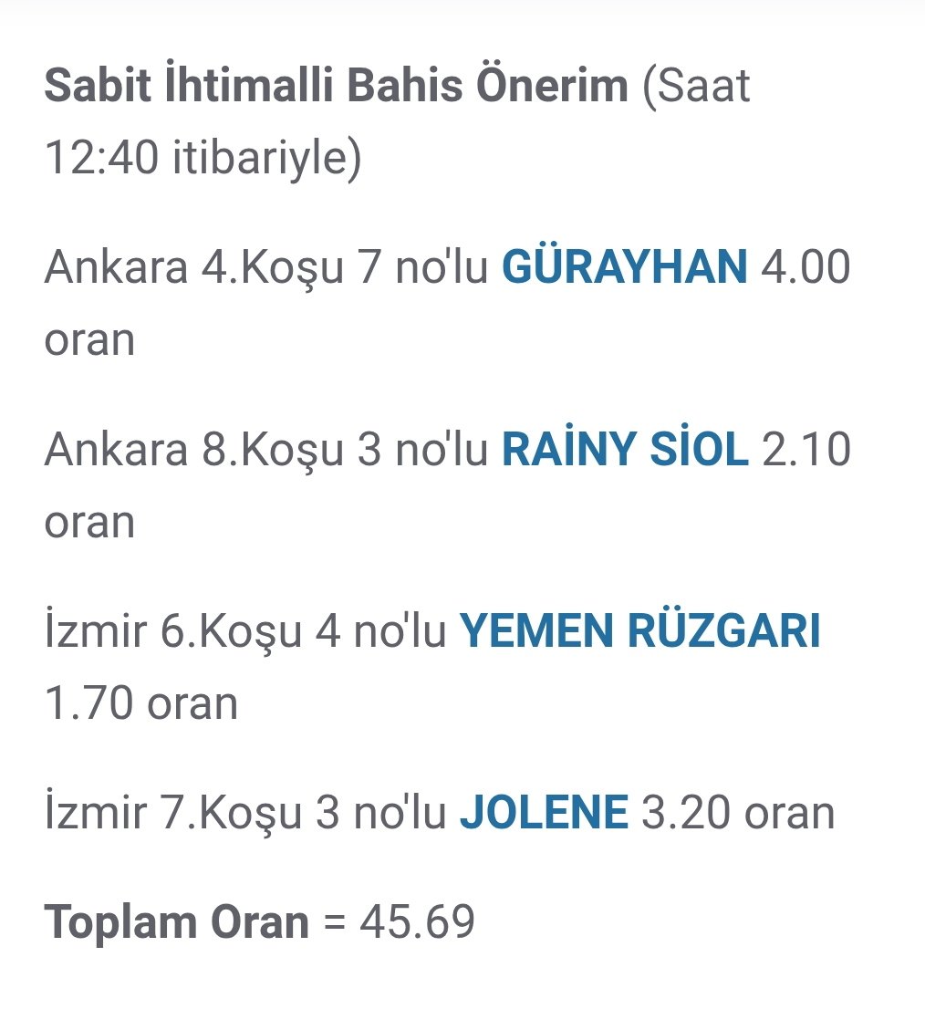 Bugün özelinde sabit ihtimalli bahis önerilerim görseldeki gibidir, detaylı yorumlarım ve altılı şablonlarım koptugeliyor.com'da olacak. Herkese bol şans diliyorum...