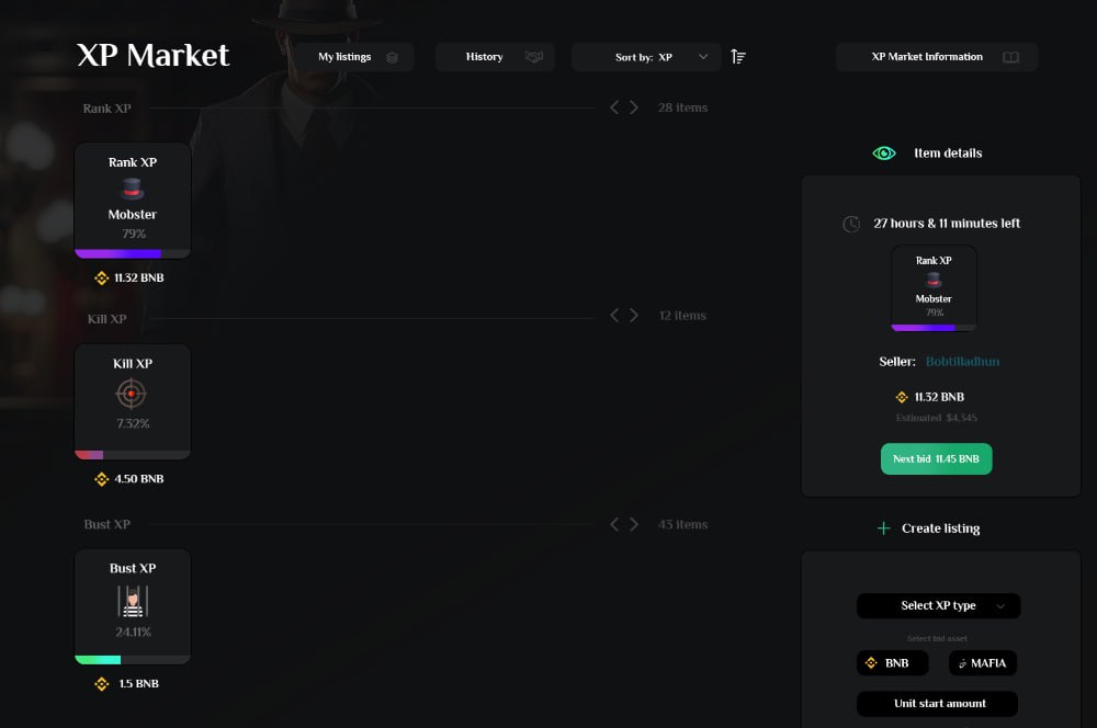 💰Buy and sell XP directly through the <a href="/plsmafiaio/">$MAFIA</a> &amp; <a href="/bnbmafiaio/">$MAFIA</a> platforms.

You can list following for sale:

- Rank XP
- Kill skill XP
- Bust out XP
- Race XP

Seller can select between getting paid in $BNB or $MAFIA tokens. 

We have two different types of XP models.