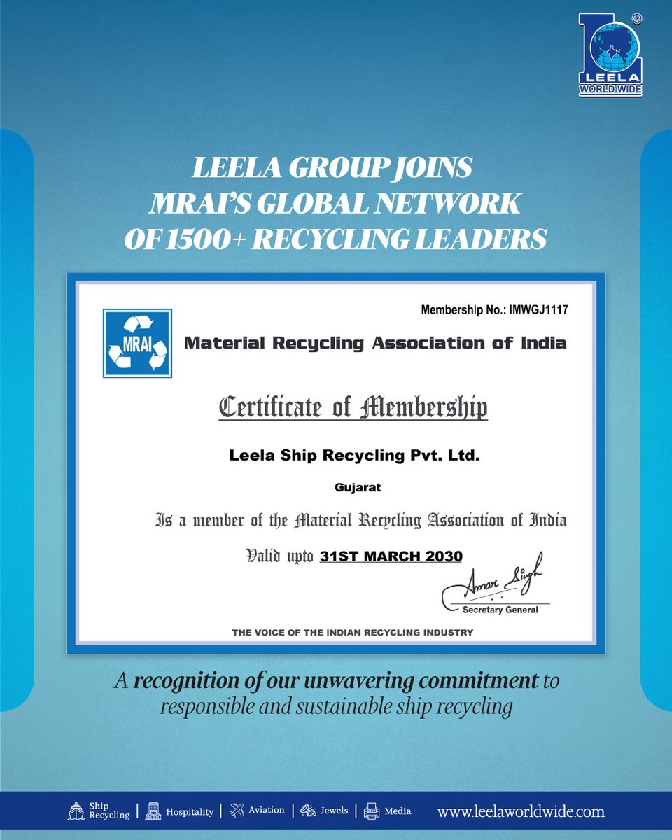 Leela Group proudly joins MRAI — aligning with India’s top recyclers to promote sustainability, circular economy &amp; ethical practices in ship recycling. 🌍♻️
.
.
.
.
#LeelaShipRecycling #MRAI #ResponsibleRecycling #GreenShipRecycling #CircularEconomy #NetZero #ESG