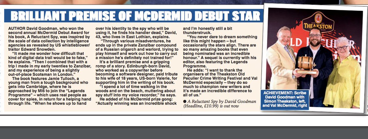 MattNixson's tweet image. Shout out to David Goodman in @Daily_Express this morning courtesy of myself and @joncoates73. If you haven;t had a chance to read his #McDermid Debut winning book, A Reluctant Spy, do pick it up; you won't regret it, via #TheakstonsCrime @HarrogateFest
express.co.uk/entertainment/…