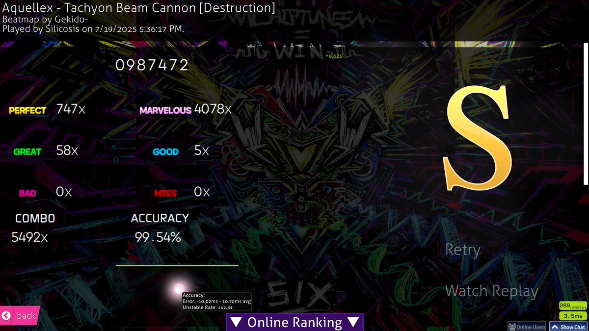 SilicosisNotET's tweet image. agnes TACHYON BEAM CANNON
FULL COMBO!!!!! 987K
SECOND TIME FCING THIS
Global #39
