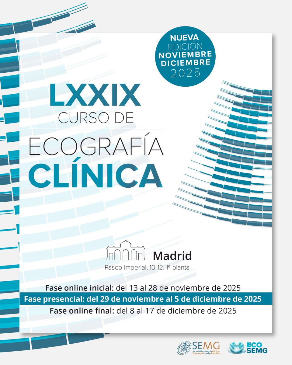 ✅ No te quedes sin plaza en el LXXIX Curso de Ecografía Clínica❗ 

📍 Sede: Aulas Escuela Española de Ecografía Clínica en Madrid

👩‍⚕️ 👨‍⚕️ Formato: híbrido: online + presencial

👨‍🏫 Actividad formativa: 92 horas lectivas

📅 Fase presencial: del 29 de noviembre al 5 de diciembre