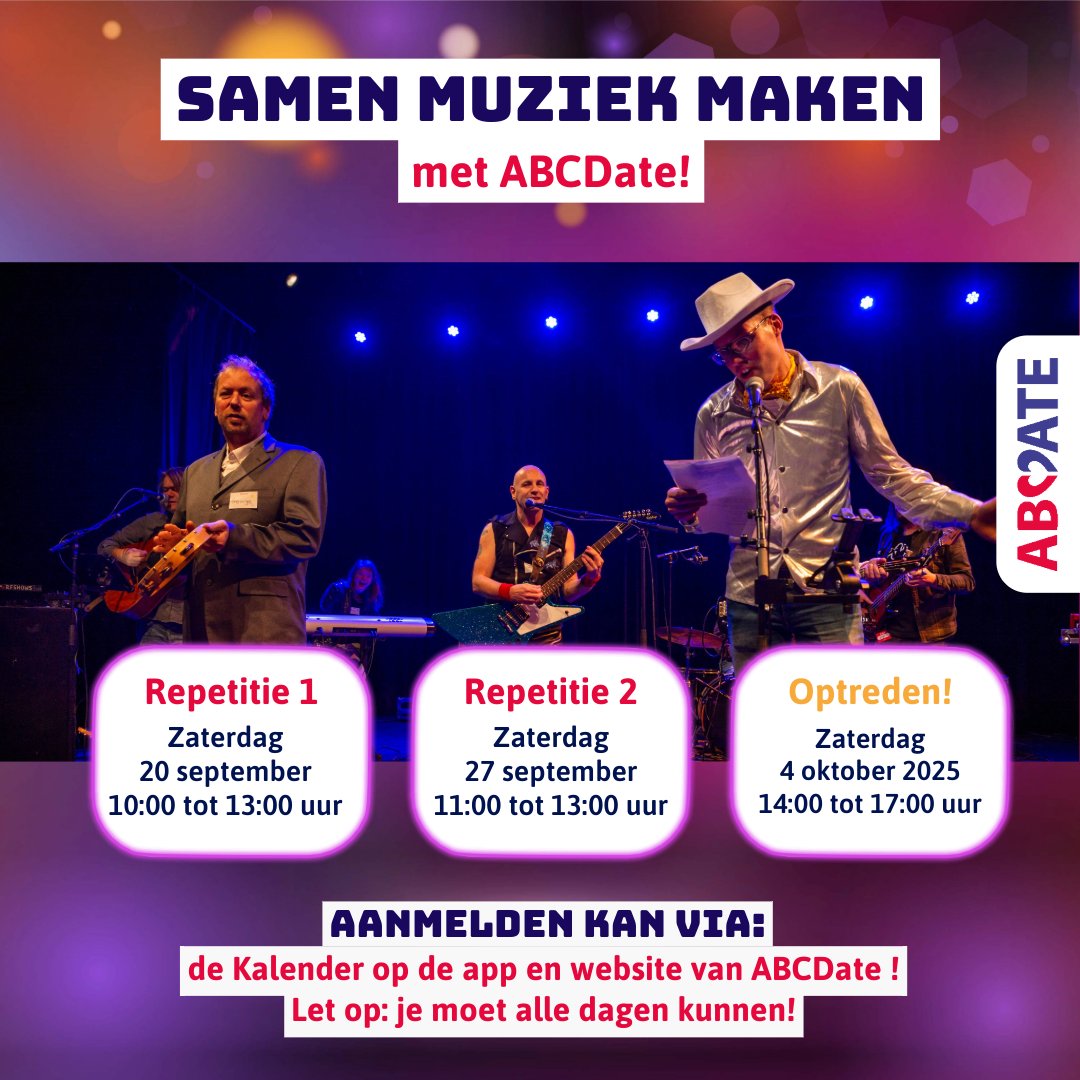 Mooi nieuws voor al onze muzikanten en deelnemers! De ABCDate-bands gaan weer optreden! We starten dit najaar met het grote Meezingfeest in Rotterdam. 🎤 Wil jij meedoen in de band? Meld je dan aan via de ABCDate-app of stuur een mail naar info@abcdate.nl.