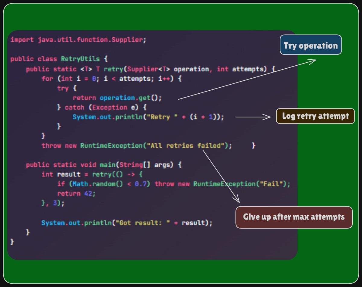 Retry Utility with Lambdas:
In real systems, operations can fail temporarily (e.g., network).
Instead of writing manual retries, wrap them in a clean utility.
This code uses Java lambdas to retry any function easily.
Great for resilience in distributed systems or flaky I/O.