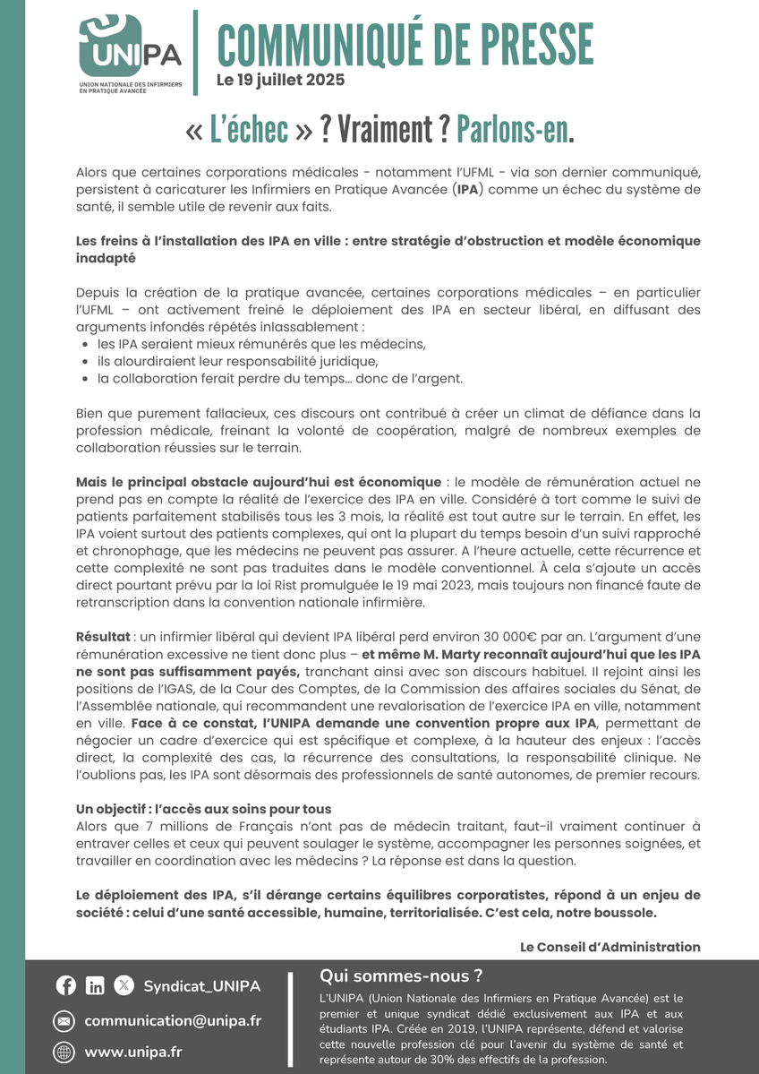 UNIPA (@syndicat_unipa) on Twitter photo 🧑⚕️💬 « L’échec des IPA » ? Un mythe entretenu.
Réponse à <a href="/DrJeromeMarty/">DrJérômeMarty</a> de <a href="/UFMLSYNDICAT/">UFML SYNDICAT - syndicat de médecins libéraux</a>
Les raisons
❌ Obstruction corporatiste
❌ Modèle économique obsolète
✅ Des patients à parcours complexes, en demande d'accès aux soins.
✅ Une réponse aux déserts médicaux
L’UNIPA 🧑⚕️💬 « L’échec des IPA » ? Un mythe entretenu.
Réponse à <a href="/DrJeromeMarty/">DrJérômeMarty</a> de <a href="/UFMLSYNDICAT/">UFML SYNDICAT - syndicat de médecins libéraux</a>
Les raisons
❌ Obstruction corporatiste
❌ Modèle économique obsolète
✅ Des patients à parcours complexes, en demande d'accès aux soins.
✅ Une réponse aux déserts médicaux
L’UNIPA