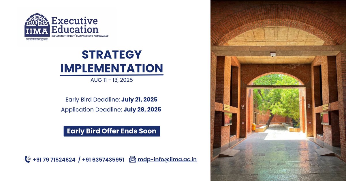 #IIMA’s #StrategyImplementation programme isn’t about theory, it’s about making strategy actually work.
#Earlybird deadline is around the corner.

Apply now to join a powerful learning experience: lnkd.in/dthtfjVh