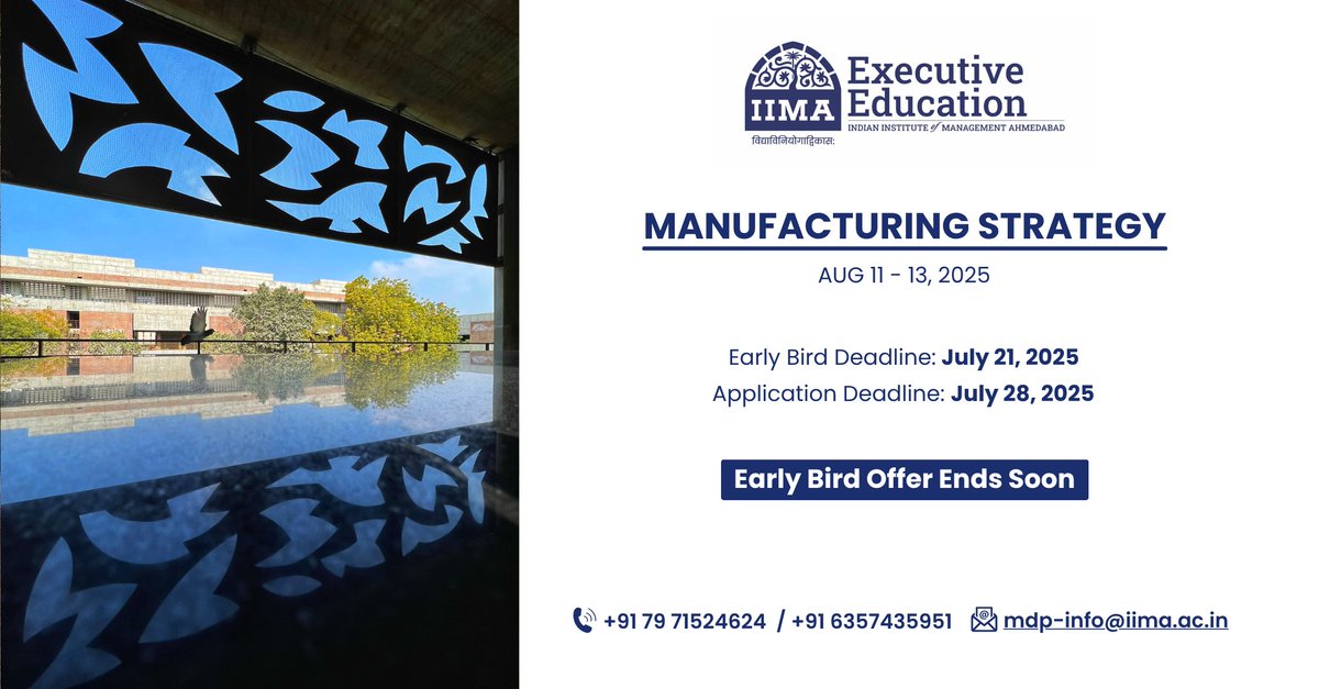 #Earlybird deadline coming up for #IIMAhmedabad’s #ManufacturingStrategy programme. For leaders who want clarity, direction &amp; impact in their manufacturing role: lnkd.in/d7f68BqG