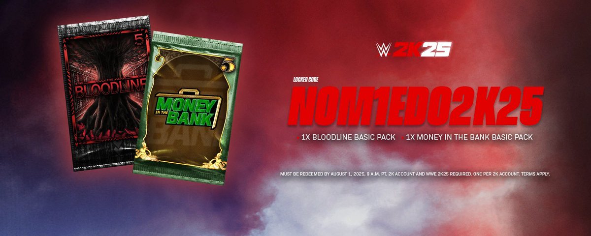 Here's another new Locker Code: "NOM1EDO2K25"! 🔓

- 1x Bloodline Basic Pack
- 1x MITB Basic Pack
Expires August 1!

Credit: <a href="/WittyWitterson/">𝕏 Witty 𝕏</a> 

All #WWE2K25 Locker Codes: thesmackdownhotel.com/news/wwe2k25/w…