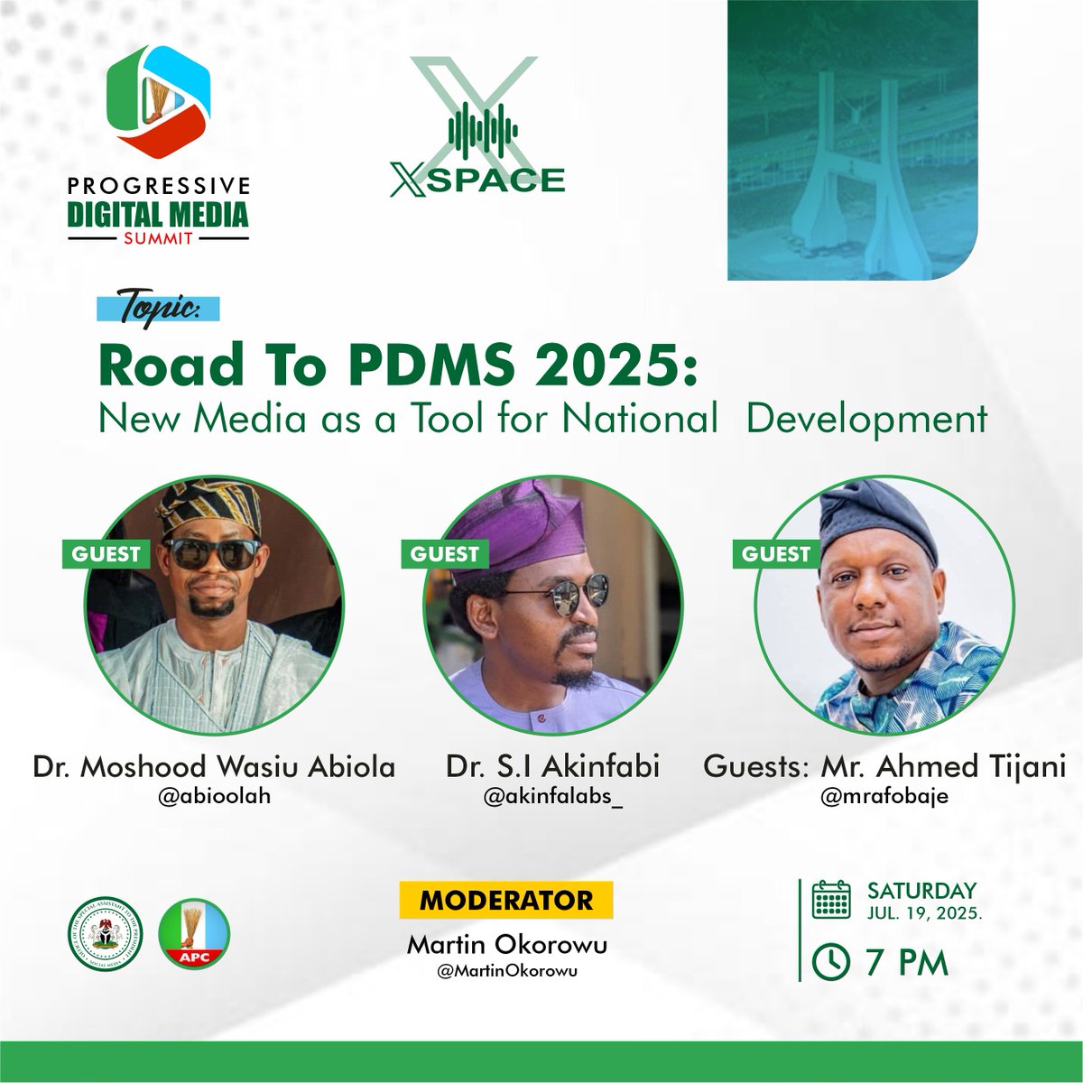 OfficialAPCNg's tweet image. 7pm today, we meet on X-spaces to discuss everything you need to know about the Progressive Digital Media Summit.
Topic 👉🏽 Road to PDMS 2025: New Media as a tool for National Development.
Host: @martinokorowu
Promises to be enlightening!
#DigiMediaSummit2025