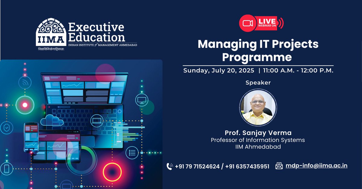Curious about #IIMA’s Managing IT Projects programme? Join the information webinar on July 20, 11 am–12 pm.
Learn what it’s really about and if it’s for you.
Register: lnkd.in/gSHVUYSe
#IIMA #ITLeadership #Webinar #ITProjectManagement