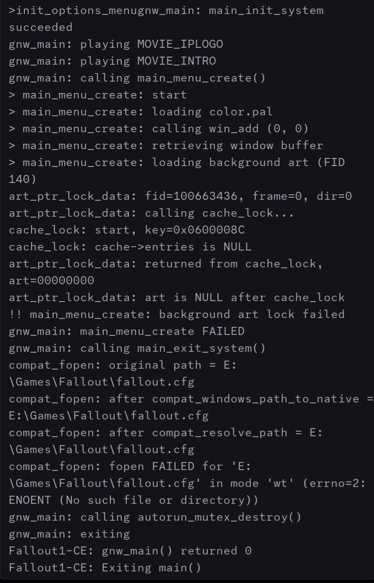 dtoxmilenko's tweet image. Almost there. Graceful failures are success.
This is my port of Fallout 1, running on an Xbox.