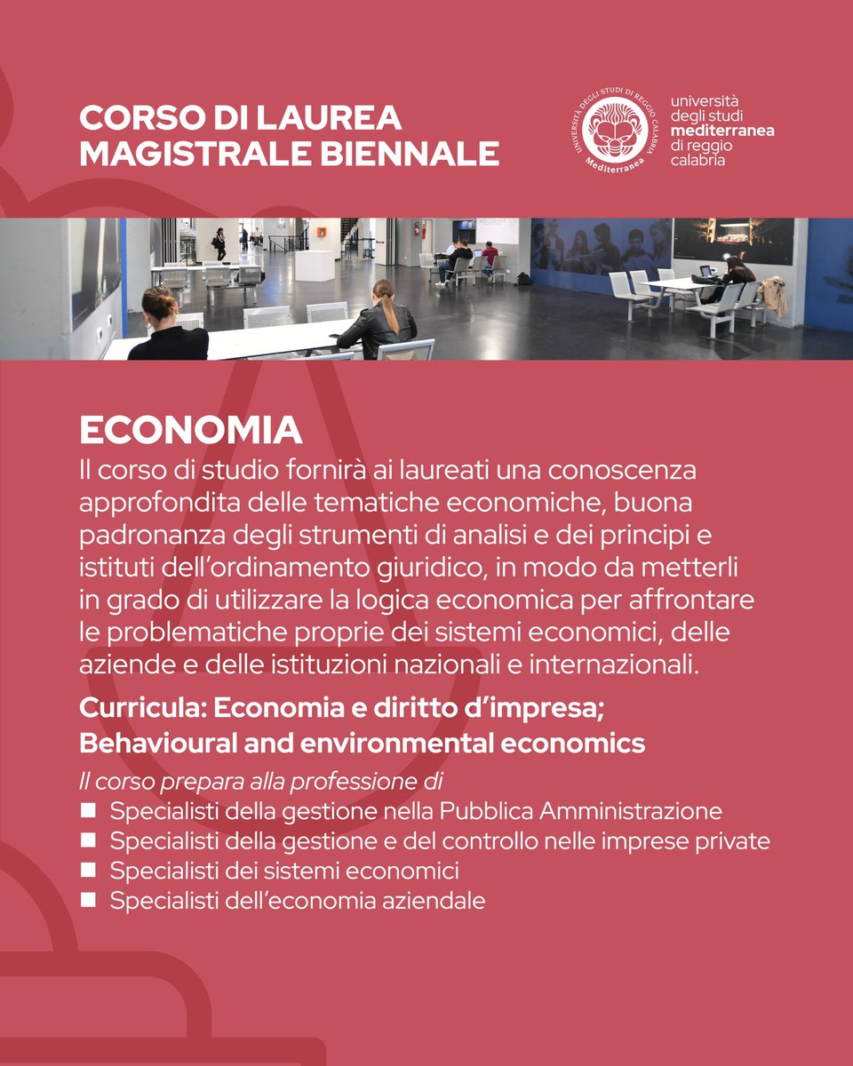 📚ECONOMIA – Università Mediterranea di Reggio Calabria
📍Dipartimento di Giurisprudenza, Economia e Scienze Umane (DiGiES)
📅 Anno Accademico 2025/2026

🔹 Corso di Laurea Triennale in Scienze Economiche
🔹 Corso di Laurea Magistrale in Economia

🔗 Info: unirc.it