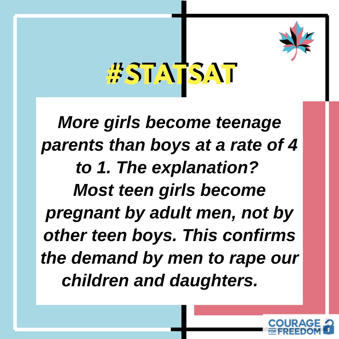 More girls become teenage parents than boys at a rate of 4 to 1. This didn't make sense until I read the fine print in the research. The explanation? Most teen girls become pregnant by adult men, not by other teen boys. 

#ProjectMapleLeaf #CourageForFreedom #EradicateChallenge