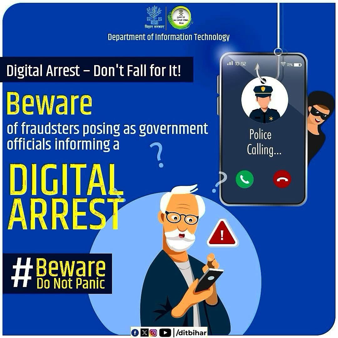 Digital arrest - Don’t fall for it 
#JobScamPrevention #LinkedInSecurity #FraudAwareness #Jobhiring  #ProfessionalSafety #CyberSecurity 
#YoutubeAlert #Dial1930 
<a href="/IPRDBihar/">IPRD Bihar</a> <a href="/bihar_police/">Bihar Police</a> <a href="/Cyberdost/">CyberDost I4C</a> <a href="/IndianCERT/">CERT-In</a> <a href="/BiharEducation_/">Education Department, Bihar</a>