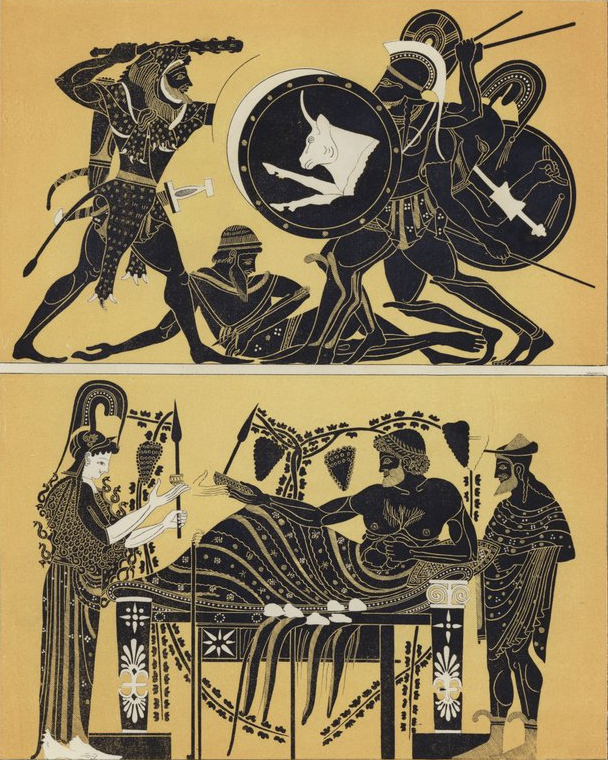 Herakles slays Geryon and feasts beside Athena and Dionysos