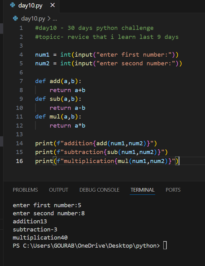 Gaurab_on_X's tweet image. #Day10 of #30DaysOfPython 💻
Aaj kiya full revision 🔁
✅ Functions
✅ if-else
✅ f-string
✅ match-case
Banaye:
✔️ Age Checker
✔️ Gym Planner
✔️ Calculator
Jo seekha tha, use strong banaya 💪
#Python #CodeNewbie #100DaysOfCode