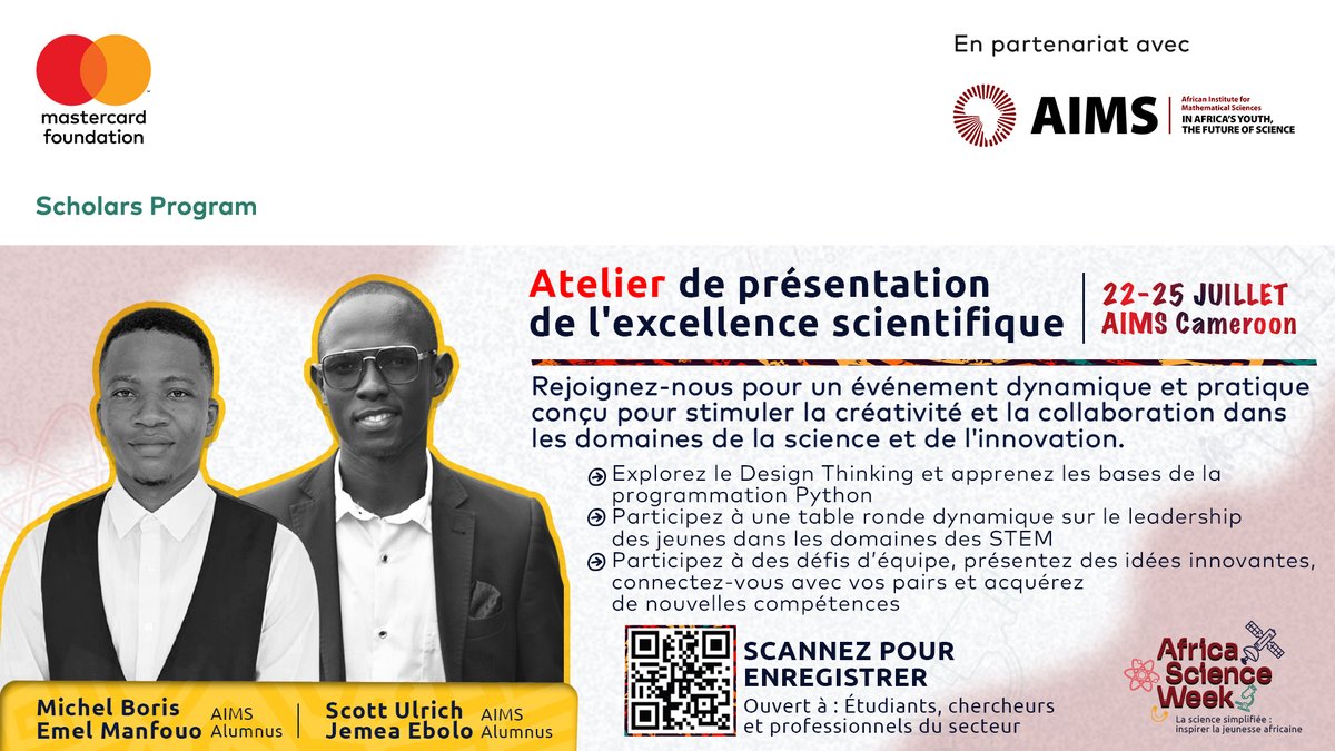 Join Africa Science Week – Douala, Cameroon, July 22 – 25, 2025!
📍 ALVI Hotel
🎯 Theme: Science, Tech &amp; Innovation for #SustainableDevelopment
✅ Free Registration: forms.gle/GaNLFoRDwF8itA…
🎓 Student STEM Challenge: forms.gle/1cAzGKY37sDZ9P…

#AfricaScienceWeek #ASWCameroon2025