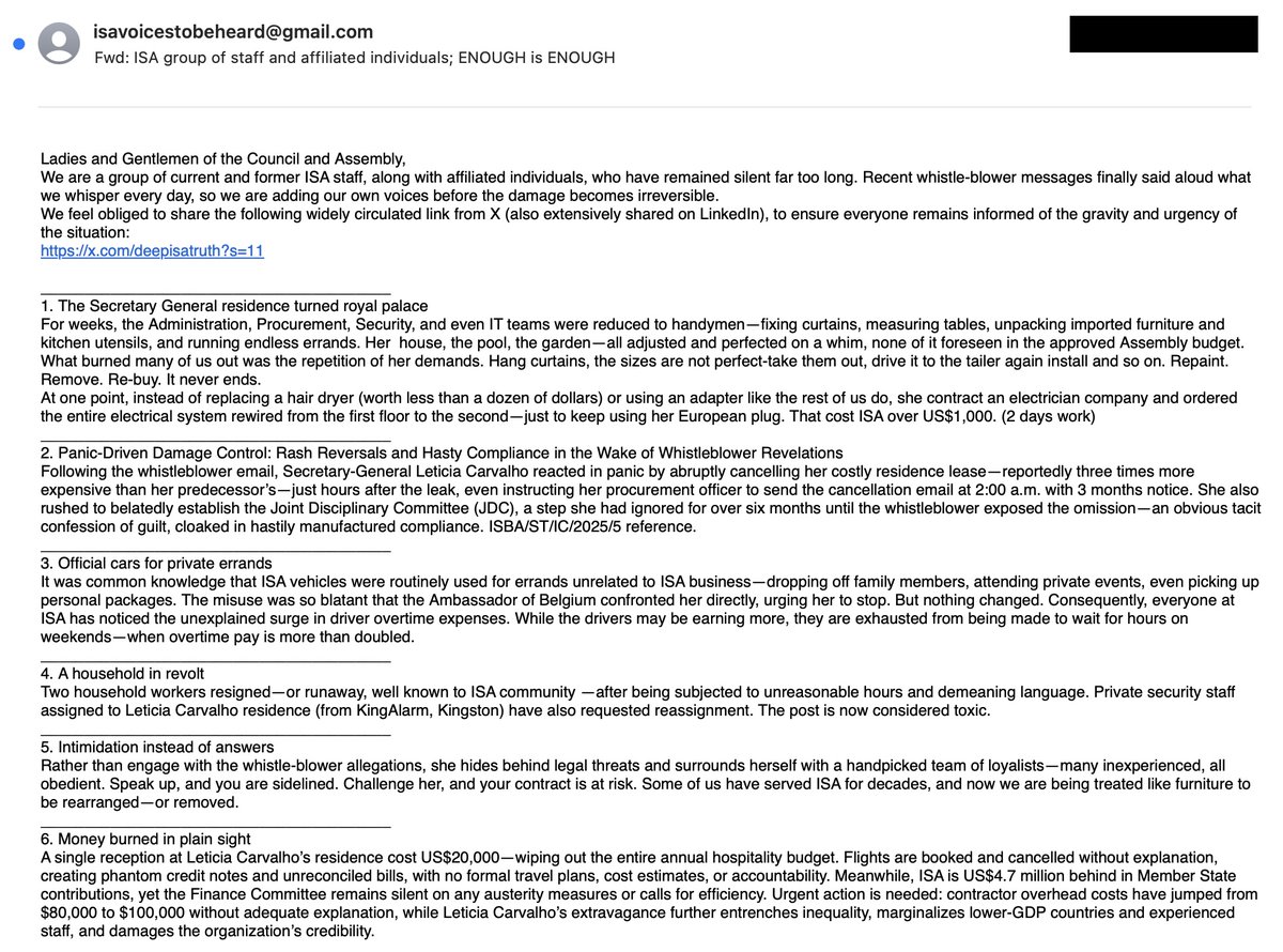DeepISATruth's tweet photo. Yet another email circulated from her own staff highlighting @LeticiaUNEP incompetence and excess. https://t.co/NSyx7cjcN0