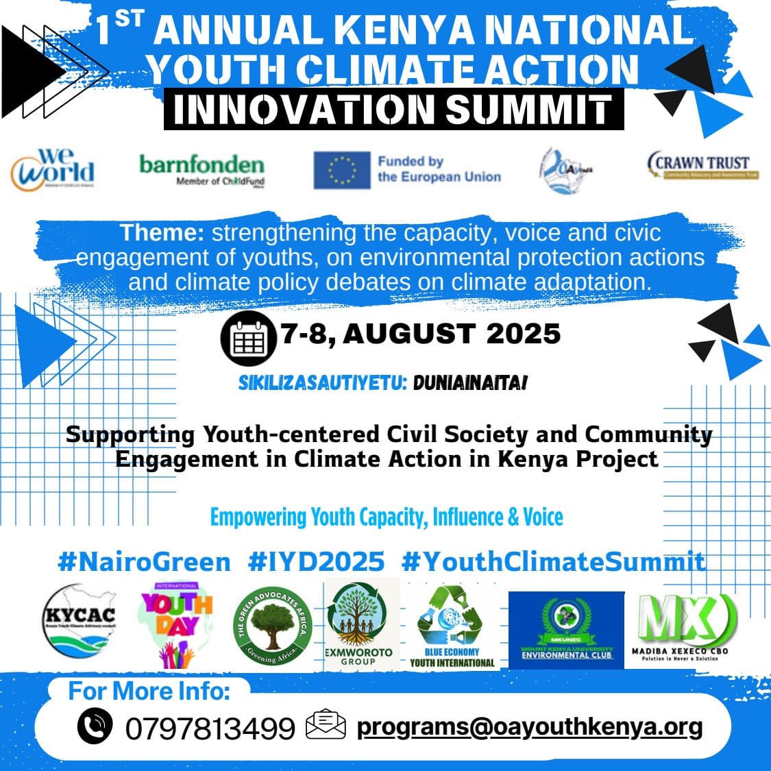 OAYouth Kenya (@oayouthkenya) on Twitter photo 🚨 It’s official! Kenya’s first-ever Youth Climate Action Innovation Summit is happening this August!
Join fellow youth innovators & be a spark that ignites nationwide impact
Goal: Elevate youth-led climate solutions & innovation
#YouthaclinateSummit
#NairoGreen
<a href="/WeWorldOnlus/">WeWorld Onlus</a> 🚨 It’s official! Kenya’s first-ever Youth Climate Action Innovation Summit is happening this August!
Join fellow youth innovators & be a spark that ignites nationwide impact
Goal: Elevate youth-led climate solutions & innovation
#YouthaclinateSummit
#NairoGreen
<a href="/WeWorldOnlus/">WeWorld Onlus</a>
