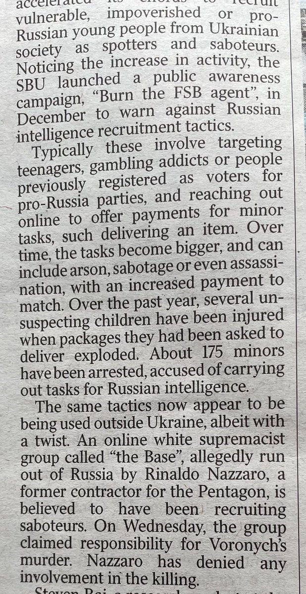terrorwatchdog's tweet image. Russian intelligence- use of children for proxy activity - role of terror orgs (cf UK role of Wagner) - this is v relevant to modern threat, from today’s Times
