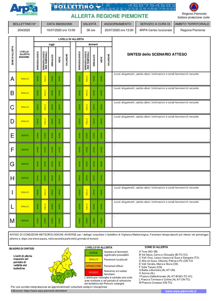 PCProvAL's tweet photo. 🟡 #AllertaMeteo codice GIALLO (effetti localizzati) idrogeologico per #temporali il 19 e 20 Luglio 2025 per #ValCerrina #Casalese #BassoMonferrato #Valenzano
Possibili locali allagamenti e #grandine, fulminazioni, vento ed isolati fenomeni di versante. https://t.co/iFMn0eeXO7