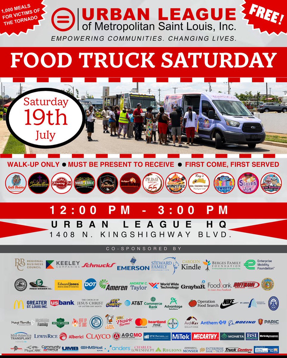 MMULSTL's tweet image. HAPPENING TODAY! 1,000 MEALS PREPARED FOR THE COMMUNITY HERE AT THE URBAN LEAGUE’S @ulstl HEADQUARTERS ON KINGSHIGHWAY FROM 12-3! PLEASE SPREAD THE WORD TO ANYONE IN NEED THAT WAS DEVASTATED BY THE RECENT TORNADO DAMAGE! Come enjoy TEN of St. Louis’ finest Food Trucks! Thank you…