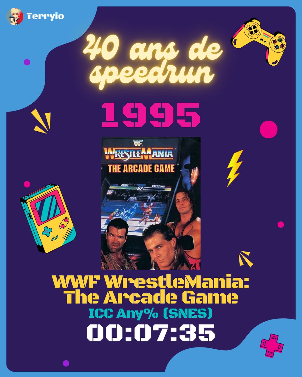 TerryioRedfire's tweet image. [40 ans de speedrun]
1995 - WWF WrestleMania: The Arcade Game
ICC Any%

Il fallait bien caler une autre de mes passions.
Petit jeu style arcade plutôt cool, devenu Champion Intercontinental en 07:35 !

Next ➡️ 1996 - Pokémon Red/Blue
Tracking : bit.ly/407uzrJ