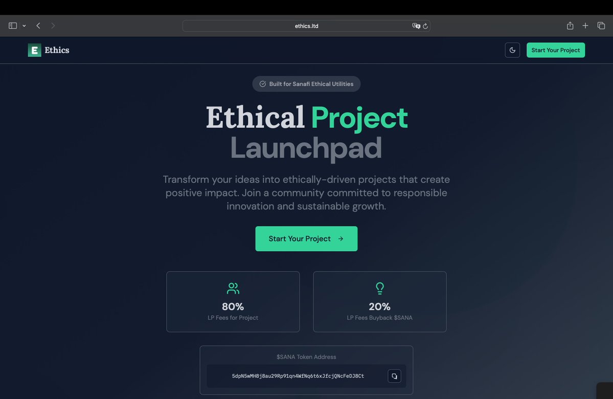 Ethics Launchpad (@ethicslaunch) on Twitter photo Launch your token with Ethics Launchpad (Phase 1)!
Hold 100K $SANA to start.
80% LP fees to creators,
20% for $SANA buyback.
Get started at ethics.ltd
<a href="/sanafionchain/">Sanafi Onchain | Breakout Hackathon</a> Launch your token with Ethics Launchpad (Phase 1)!
Hold 100K $SANA to start.
80% LP fees to creators,
20% for $SANA buyback.
Get started at ethics.ltd
<a href="/sanafionchain/">Sanafi Onchain | Breakout Hackathon</a>
