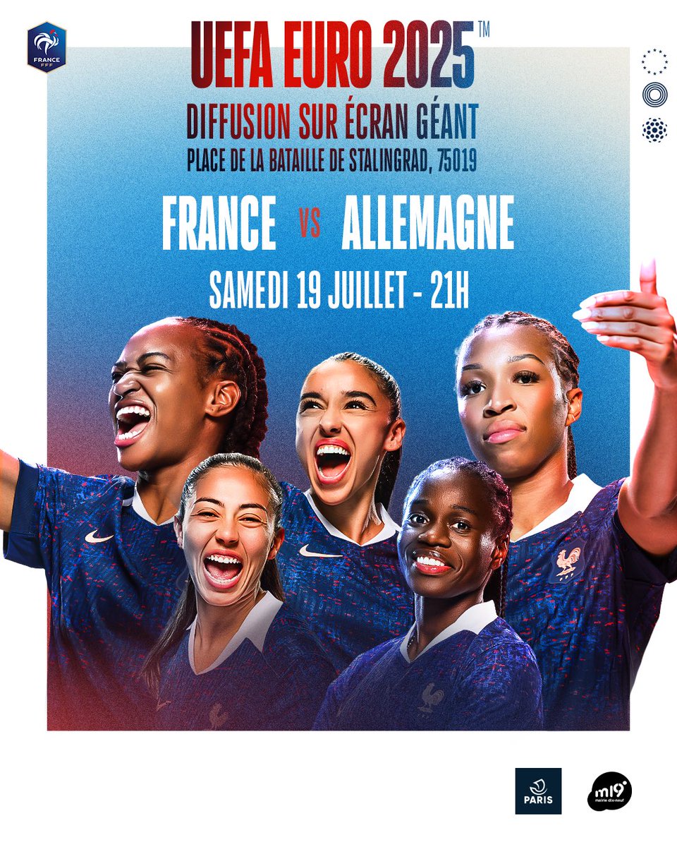 Paris19e's tweet image. Une journée de fête sur le Site de festivités Place de Stalingrad 🔥
Ce soir, venez encourager les bleues face aux allemandes pour leur quart de finale de l’Euro féminin ! 🇫🇷
Avant ça tout au long de la journée, vous pourrez profiter des nombreuses activités proposées !