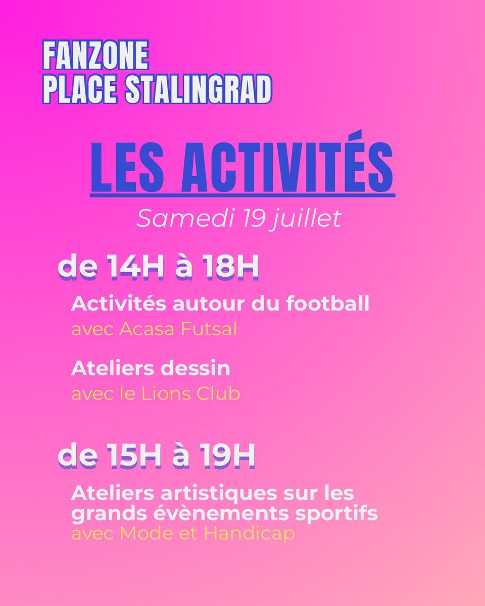 Paris19e's tweet image. Une journée de fête sur le Site de festivités Place de Stalingrad 🔥
Ce soir, venez encourager les bleues face aux allemandes pour leur quart de finale de l’Euro féminin ! 🇫🇷
Avant ça tout au long de la journée, vous pourrez profiter des nombreuses activités proposées !