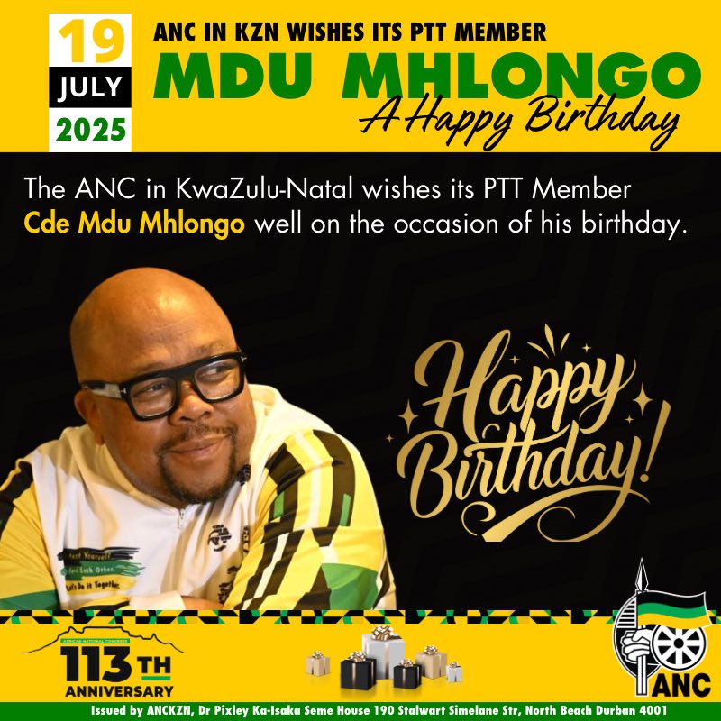 ANCKZN's tweet image. The ANC in KZN wishes its PTT Member Cde Mdu Mhlongo well on the occasion of his birthday.🎂
