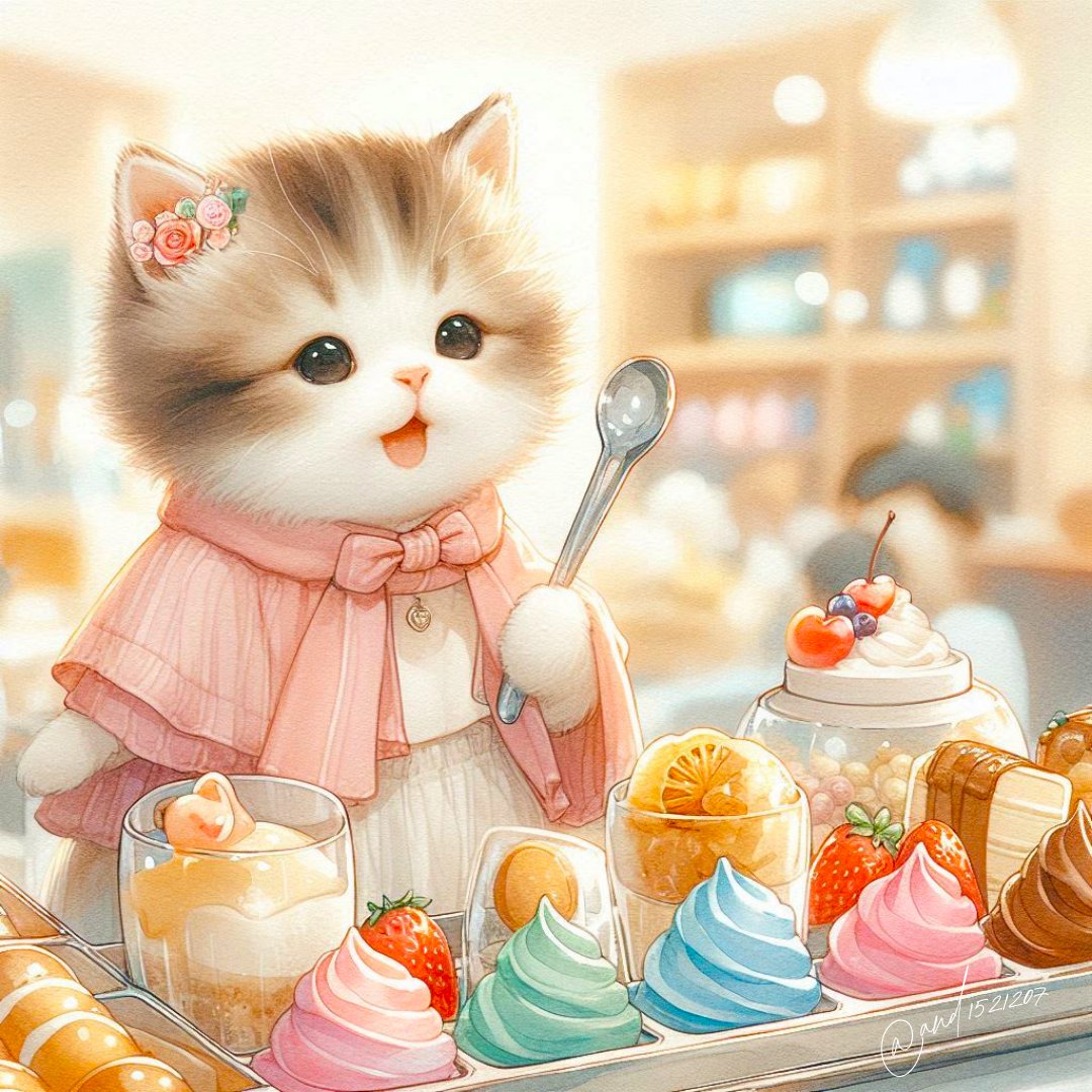 and1521207's tweet image. スイーツバイキングに来たニャ😺🍰
どれにしようか迷っちゃうニャ~😻🧁🍮
These sweets are mine to enjoy.🍰 If you desire a taste, then bow, flip, and declare your loyalty— loudly enough to send the squirrels running.🐿💦
#aiart #AIイラスト #cat #猫